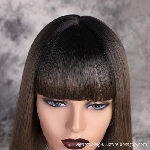 Vigorous Long Ombre Brown Wig Silky Straight Hair Wigs with Bangs Synthetic Hair Full Wigs for Women (Brown Straight with Bangs)